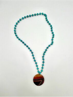 Turquoise Bead Necklace with Striped Agate Pendant